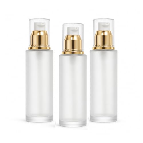 Doromy 3Pcs Frosted Glass Lotion Pump Bottles Refillable Comestic Bottles Empty Travel Containers 60ml/20z with Pump Dispensers For Makeup Cream Emulsion Lotion Essential Oils