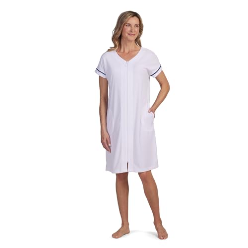 Miss Elaine Robe, Women's Terry Knit Short Robe, Long Sleeves and Pockets, Front Zipper, Sleepwear and Loungewear (Large, White)