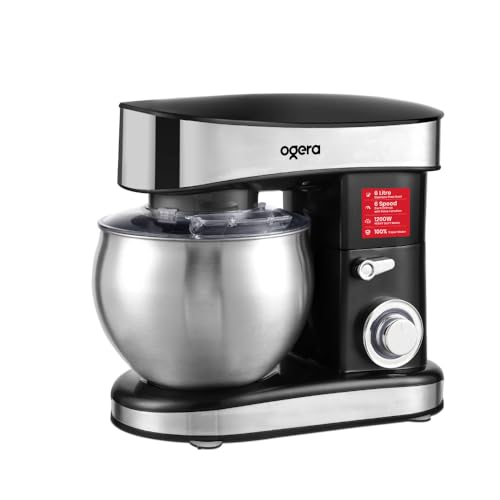 Ogera Stand Mixer 6 Litre Stainless Steel Bowl 1200W 6 Speed with Pulse Function Black and Silver 100% Copper Motor 2 Year warranty