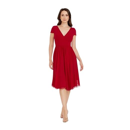 Dress the Population womens Corey Plunging Mix Media Cap Sleeve A-line Midi Dress, Garnet, X-Small US