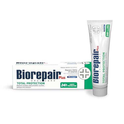 BIOREPAIR Plus Total Protection - Fluoride Free Hydroxyapatite Toothpaste Repairs Enamel & Prevents Cavities Plaque and Erosion Toothpaste for Sensitive Teeth - Oral Care 75ml Made in Italy