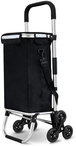 VOUNOT® Folding Shopping Trolley on 6 Wheels, Aluminium Lightweight Shopping Cart with Insulated Cooling Bag, Stair Climbing Grocery Trolley, 58L, Black
