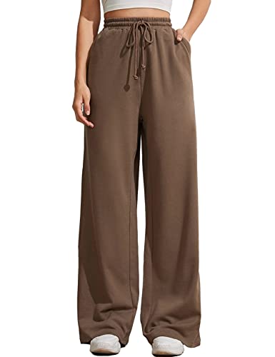 Image of FACDIBY Wide Leg Sweatpants for Women Elastic High Waisted Drawstring Loose Pants with Pockets, Brown, M