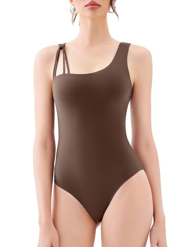 REORIA Women's Asymmetrical Shoulder Strap Bodysuit Y2K Sexy One-Piece Sleeveless Design 2025 Spring/Summer Designer Collection Shaved Chocolate Medium
