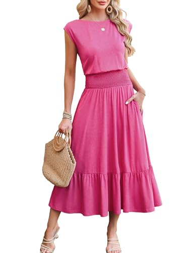 Image of Kikibell Womens Summer Dresses Cap Sleeve Elastic Waist Midi Dress with Pocket Long Causal Sundress Beach Vacation Outfits