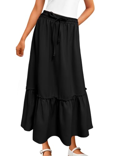 Image of Girls High Waisted Ruffle Maxi Skirt Soft Cotton Long Skirts with Elastic Waistband for Kid Girl 3-12 Years