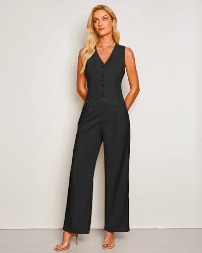 Chic Black Pantsuit Set for Women – Luvamia Dressy Casual 2 Piece Outfit with Sleeveless Blazer and High Rise Wide Leg Pants – Size Large - Image 7
