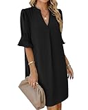 AUSELILY Kleid Damen Kurzarm Sommerkleid V Ausschnitt Elegant Blusenkleid mit Taschen Casual Kleider Hemdkleid Tshirt Kleid Schwarz XL