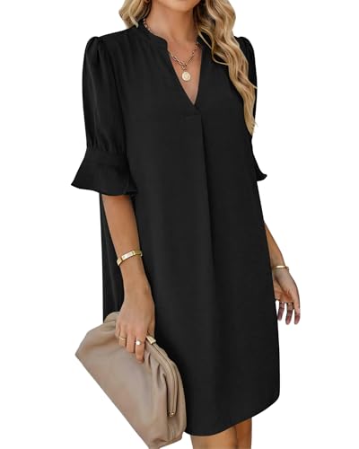 AUSELILY Robe Femme Chic et Elegant décontractée Robe Chemise à Manches Courtes et col en V Ample Robes Femme ete avec Poches Noir 2XL