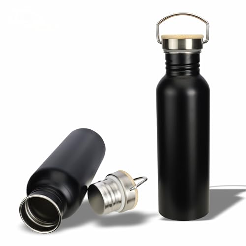 Image of Stainless Steel Water Bottle, Black, with Bamboo Lid and Metal Handle