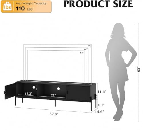 Image of WLIVE 58 inch TV Stand for 65 Inch TVs, Mid Century Modern Entertainment Center with 2 Storage Cabinets & Open Shelf, Media Console Table with Metal Legs for Living Room, Bedroom, Black