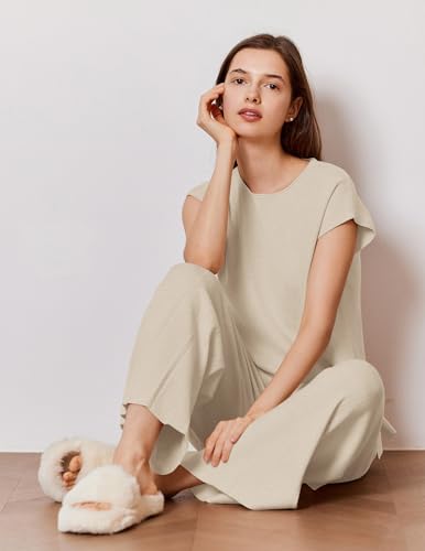 Ekouaer Lounge Sets for Women Two Piece Outfits Knit Cap Sleeve Tops Wide Leg Pleated Pants Casual Dressy Sweater Sets Beige - Image 5