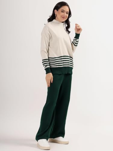 Image of Kvetoo Women Winter Coord Set Wool Blend Tracksuit High Neck Sweater and Wide Leg Pants Warm Knitwear Pyjama Set for Casual Office Travel Wear