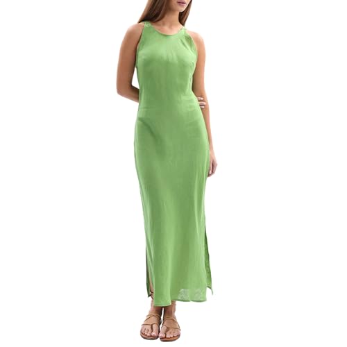 Amazhiyu Leinenkleider Damen Sommer, Leinen Maxikleid Sommerkleid Ärmellos Bodycon Kleid Damenkleider Strandkleid Lang Mit Schlitz, Grün, S