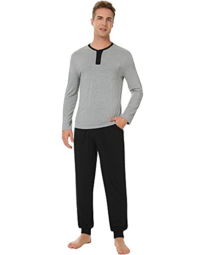 NACHILA Herren Bambus Pyjama Set Weich Langarm Nachtwäsche Top & Hose Pjs S-XXL, Grau (Heather Grey)/schwarz, Small Cover