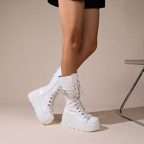 Womens Platform Mid Calf Boots Goth Punk Combat Wedges Chunky High Heel booties with Lace up Side Zip Winter Boots4