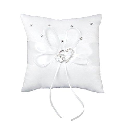 15 * 15cm Double Heart Rhinstone Decored Bridal Wedding Ceremony Pocket Ring Bearer Pillow Cushion with Satin Ribbons (White)