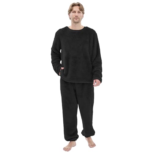 Fleece Mens Pajamas Set, Big and Tall Fluffy Adult Pjs Sets with Tops and Bottoms Fuzzy Warm Soft Winter Loungewear