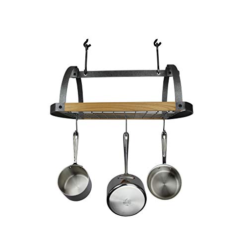 Enclume Handcrafted Decor Oval Pot W 12 Hooks Steel & Alder Wood Ceiling Rack, 28.5", Hammered Steel #TOP3