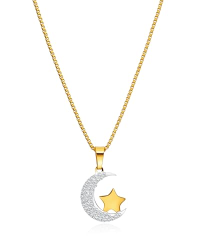 Watforsh 14k Gold Plated Two Tone Crescent Moon and Star Two Tone Celestial Pendant Cubic Zirconia Thin Necklace Adjustable Chain for Women