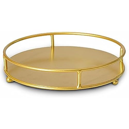 Jewelry Tray Perfume Display Organizer Bathroom Storage Vanity Tray Tabletop Display for Cosmetic, Candle, Jewelries, 8" Round Gold, Small