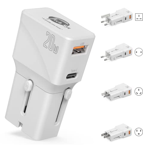 TechEye Universal Travel adapter USB C + QC3.0 Dual Port Slim & Smart Worldwide Fast AC 20W Plug Adapter, Compatible with iPhone 15/14/13/12 Samsung Fold/S23/22 Note20 & compatible Devices (White)
