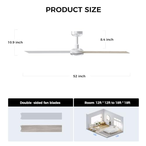 Image of TALOYA 52 inch Ceiling Fan,Silver Finish,6-Speed,Dimmable,Noiseless,Reversible DC Motor,3 blades