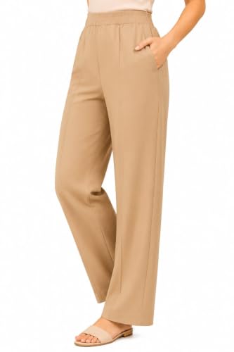 Image of Women's Mid Rise Wide Leg Trousers with Elastic Waist & Pockets