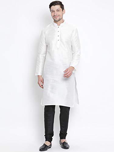 Image of VASTRAMAY VM Mens Silk Blend Kurta Pyjama Set - Classic Ethnic Attire for Timeless Style and Cultural Celebrations | Soft Comfortable Solid Full Sleeves Kurta and Churidar Pyjama Set