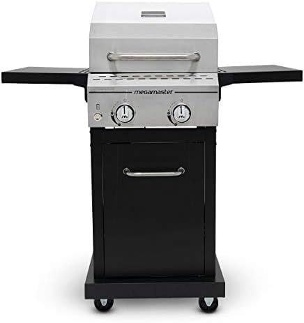 Megamaster 2-Burner Propane Barbecue Gas Grill with Foldable Side Tables, Perfect for Camping, Outdoor Cooking, Patio, Garden Barbecue Grill, 28000 BTUs, Silver and Black, 720-0864MA