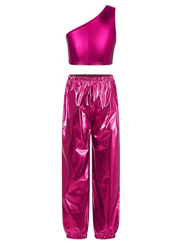 TiaoBug Conjunto De Danza para Niñas Chaleco Corto Metálico De Un Hombro con Pantalones Brillantes Ropa De Baile Moderno Hiphop Rosa roja 9-10 años