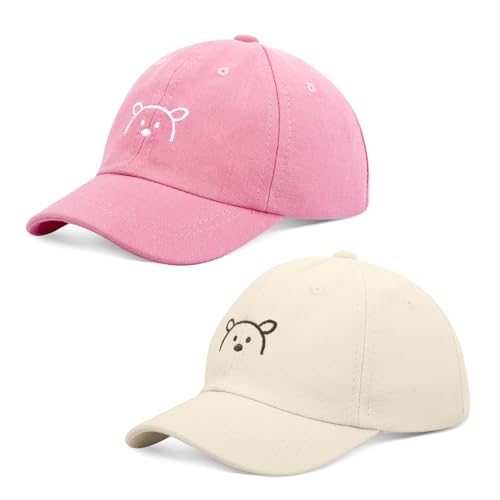kodinsiivous 2 Paar Baby Kinder Baseball Cap, Verstellbar Sonnenhut Baby Kappe für 2–6 Jahre Junge Mädchen, Snapback Baumwolle Baseballmütze with Bärenmuster Kleinkind Sonnenhut