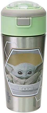 Zak Designs Star Wars The Mandalorian Durable Stainless Steel Straw Bottle with Push-Button Flip Lid Vacuum Insulation Keeps Drinks Cold, BPA Free, 1 Count (Pack of 1), The Child