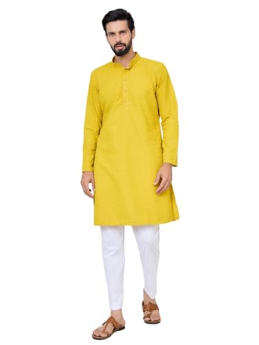 Image of See Designs Men's Full Sleeve Mandarin Collar Embroidered Thread Work Sequinned Rayon Straight Long Kurta - Festive Collection