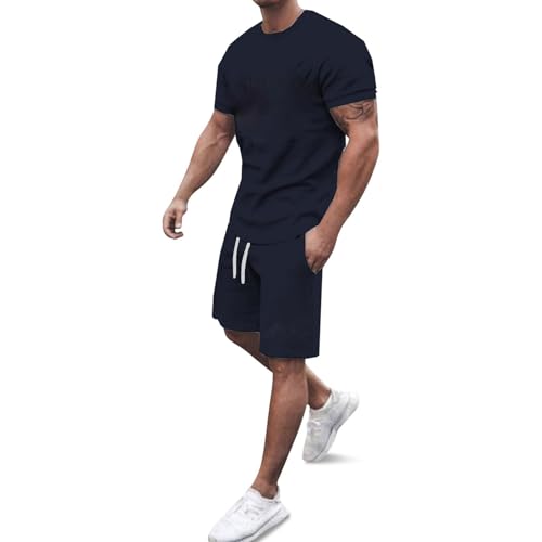 Conjunto genérico hombre Jogging camiseta manga corta impresa Nueva York y pantalones cortos con cordón y bolsillos conjunto verano 2 piezas ligero para salida al aire libre entrenamiento, azul marino