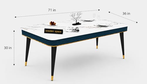 Image of WOODEN SPACE 6-Seater Wooden Dining Table Set | Nano Composite Marble Top | Solid Wood Base | Modern Dining Room Furniture with 6 Chairs (Sea Blue Vento)