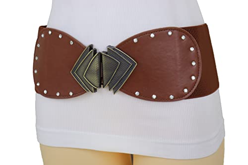 Women Fashion Wide Elastic Brown Belt Hip High Waist Gold Metal Fans Buckle Size S M3