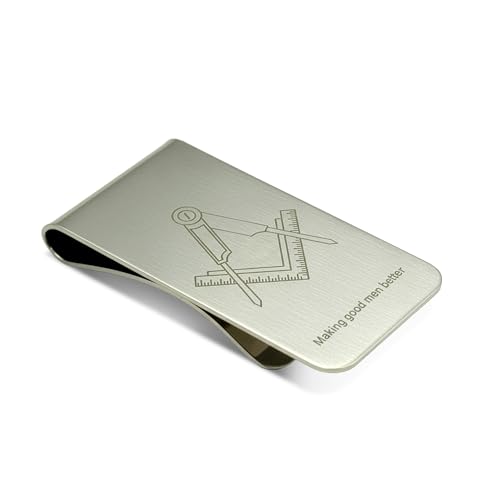 THE MASONIC COLLECTION Clip de dinero cuadrado y brújula chapado en plata con o sin logotipo G, soporte para dinero masónico grabado, regalo personalizado masónico para hombres, Silver, Talla única
