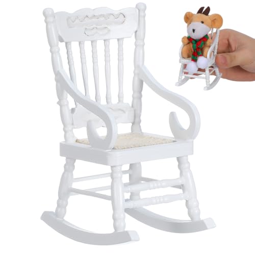 TOYANDONA Miniature Rocking Chair: 1:12 Scale Dollhouse Wooden Rocking Chair, Mini Christmas Doll House Furniture for Kids Pretend Play, Diy Craft Displays, Cake Topper Decoration (white)