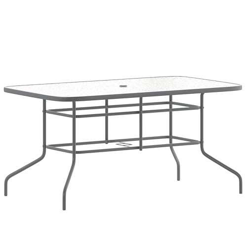 Flash Furniture Tory 31.5" x 55" Rectangular Tempered Glass Metal Table with Umbrella Hole, Silver