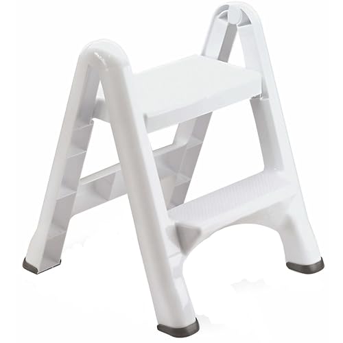 Rubbermaid Two-Step Folding Foot Stool 14-Inch High White 300 Pound Capacity Small Step Stool for Adults/Kids for Use in Library/Kitchen/Bathroom/Garage/Closet