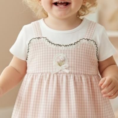Image of A.T.U.N. (ALL THINGS UBER NICE) Baby Girls Checked Pinafore Style Dress with Inner Tee Short Sleeves | Soft Cotton Fabric | Decorative Front Bow Detail | Stylish Casual for Babies