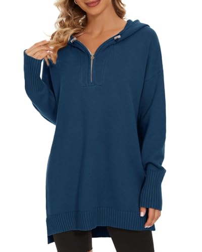 Women’s Hooded Sweater Loose Half Zip Drawstring Pullover Sweatshirt Top Casual Long Sleeve Side Slit Knit Hoodie