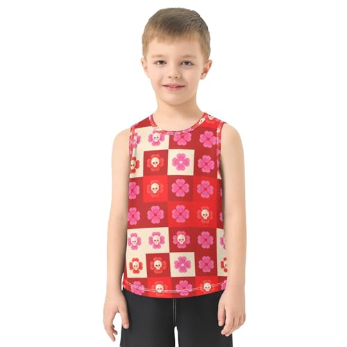 J JOYSAY Skull Flower Grid Crimson Boys Tank Top Sleeveless Muscle Shirts Quick Dry Kids T-Shirts 3-15T2