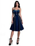 DRESSFO Women Gothic Vintage Costume Lace Up PU Strap Rivet Crisscross Strappy Velvet Halloween Goth Dress(Blue/S)