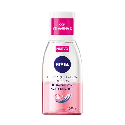 NIVEA Desmaquillador de Ojos Iluminador Waterproof (1 x 125 ml), desmaquillante para contorno de ojos resistente al agua, limpiador facial energizante de fórmula bifásica con Vitamina C