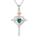 Cross Necklace for Women 925 Sterling Silver Rose Heart Crucifix Emerald Pendant May Birthstone Gemstone Anniversary Birthday Christmas Gifts for Mother Wife Sister Her