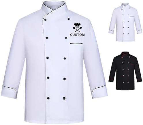 Personalized Chef Jackets For Men Women,Custom Mens Chef Overalls With Text Logo,Chef Work Chef Jacket (Printed (long sleeve), White-1)