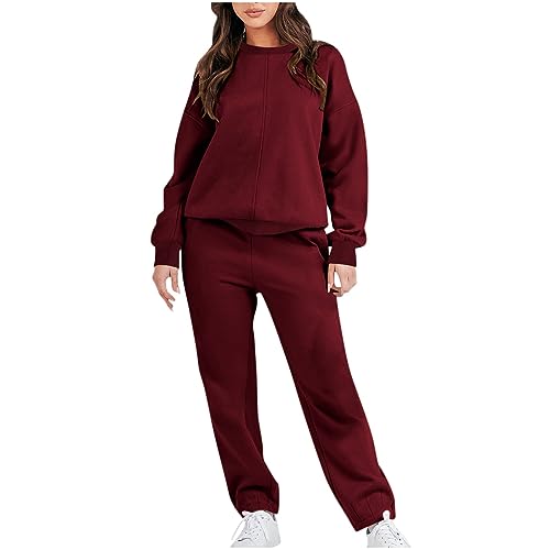 Conjunto de sudaderas sólidas para mujer, 2 piezas, sudadera de manga larga, pantalones de jogging, ropa informal, conjuntos de 2 piezas, vestido para mujer, Vino, S