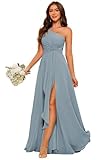 KHACHVA Women's One Shoulder Bridesmaid Dresses Dusty Blue A Line Ruched Chiffon Formal Party Dress 2026 with Slit US8